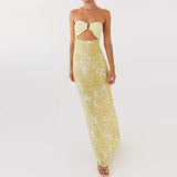 MQTIME  -  Flower Print Patchwork Strapless Evening Dress Lady Casual Off Shoulder High Waist Party Dress Elegant Backless Slim Long Dress