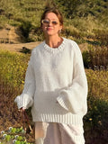 MQTIME  -  White Loose Lazy Sweater Women's Thin Long-Sleeved Pullover Knitted Top Hollow Out Fashion Autumn Female Casual Knitwear