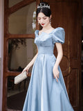 MQTIME  -  Luxury Blue Satin Princess Dress Women Elegant Square Collar Satin Pearlized Long Evening Dresses Quinceanera Stage Prom Gown