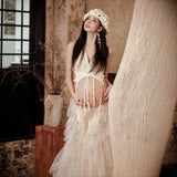  MQTIME  -  French Vintage Maternity Photoshoot Dress 3 Piece Set Flowy Lace Top with Skirt Hat Pregnancy Photo Shoot Outfit Studio Props