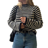 MQTIME  -  Autumn and Winter New Product Simple Contrasting Color Striped Round Neck Knitted Pullover Long Sleeved Elegant Sweater
