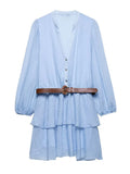 MQTIME  -  Cotton Ruffles Mini Dress Women Long Sleeve V-neck Elegant High Waist A-line Dresses Female 2025 Summer Button Up Street Robe
