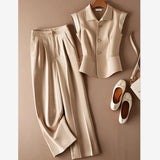 MQTIME  -  Korean Elegant Sleeveless Suit Summer Women's Lapel Single Breasted Office Lady Tops + Wide Leg Pants 2-Piece Set Outfits 877P
