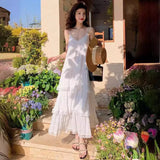 MQTIME  -  Fairy White Dress Seaside Vacation Beach Dress Premium French Long Halter Summer Loose Dress