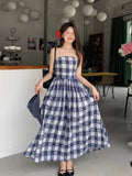 MQTIME  -  Vintage Plaid Dress Women Sexy A Line Midi Dresses Korean Split Slash Neck Slim Sundress Vestidos