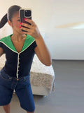  MQTIME  -  Women Lapel Knitted Top Pullover Color Blocking Single Breasted Short Sleeve Slim Short Tops 2026 Female New Chic Top Outfits
