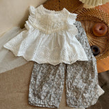  MQTIME  -  Summer Baby Girls Cute Sets Korean Style Lace Embroidery Blouses Printed Pants 2pcs Children Chic Outfits