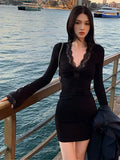 MQTIME  -  Women's Black Bodycon Mini Dress Lace Cutout Neck Long Sleeve Lace Trim Slim Fit Elegant Party Evening Casual Fashion Lady Dress