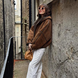 MQTIME  -  Brown Faux Shearling Trimmed Horn Button Short Jacket Women Patchwork Full Sleeve Oversize Coat Winter Cozy Stylish Outerwear