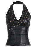  MQTIME  -  Y2k Streetwear Rivet Halter Backless V Neck Sleeveless Fashion Zipper Solid All Match Tanks