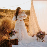 MQTIME  -  ﻿ Maternity Dress Photoshoot Hollow Lace Elegant Pregnancy Gown for Baby Shower Pregnancy Photos Elastic Waist Two-Piece