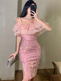 MQTIME  -  Summer Pink Sequins Patchwork Mesh Ruffled Sexy Sling Dress Women Fashion International Brand Dress 2024 Elegant Bodycon Dresses