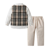 MQTIME  -  Autumn Children's Boys Long-sleeved Shirt Long Pants British Checked Vest Three-piece Set Toddler Baby Performance Clothing Suit