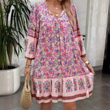 MQTIME  -  Women's Bohemian Printed Dress V Neck Chic Short Dress Loose Fit Viscose Holiday Dresses Femme Hippie Vestidos
