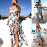 MQTIME  -  Summer Women's Chiffon Printed V-Neck Sleeveless Split Dress Women's Dress Women's Long Dress Beach Dress