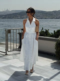 MQTIME  -  Women Shirt Belt  A-line Dressess Casual Laple Single Breasted Pockets Waist Cinching Maxi Dress Summer Lady Evening Party Gowns