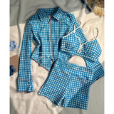 MQTIME  -  Girls' Tee-Piece Plaid Bikini Swimsuit Long Sve Separate Cover up Sun Protection Slimming Flat Footwear Holiday Feeling