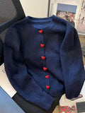  MQTIME  -  Hot Korean Love Button Casual Knit Top Jacket Soft Navy Warm Sweater Simple Long Sleeve Womens Coat All Match Fashion Blouse