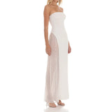 MQTIME  -  Women's Elegant Side Glitter Sequined Sheer Patchwork Long Dress Off Shoulder Strapless A-line Backless Maxi Dresses