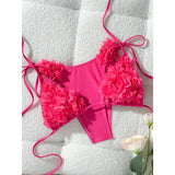MQTIME  -  Women's 2Piece Swimsuits Lace-up Halter Neck Ruffled 3D Mesh Flower Backless Bra and Side Tie Up Thong Bathing Suits