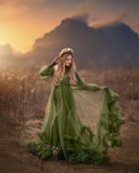 MQTIME  -  Green Mermaid Maternity Dress Photoshoot High Neck Pregnant Women Photography Robe Long Sleeve Babyshower Gown Customized