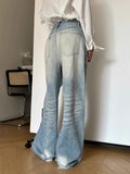 MQTIME  -  Blue Retro Washed Wide Leg Pants For Women, Simple And Loose High Waisted Straight Leg Denim Floor Mopping Pants