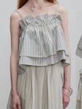  MQTIME  -  Summer Short Korean All Match Striped Print Slash Neck Spaghetti Strap Camis