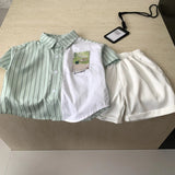 MQTIME  -  Boys' Suit Spring and Summer New Children's Wear Korean Boy Baby Striped Splicing Shirt Casual Shorts Two-piece Set
