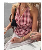 MQTIME  -  Fairy Coquette Cowl Neck Backless Crop Tops Y2k Streetwear Women Vintage Plaid Halter Tank Tops Summer Sleeveless Shirt Vest
