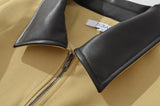 MQTIME  -  Summer new women's clothing retro temperament simple and fashionable slim fit faux leather patchwork lapel long sleeved jacket
