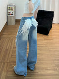  MQTIME  -  American Vintage Wings Patch Hot Diamond Ripped Jeans High Street Spice Girl High Waist Wide Leg Trousers Women Jeans