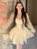 MQTIME  -  Fairy Sweet Bow Long Sleeve Dress Kawaii Grunge Lantern  Dresses Korean Y2k Aesthetic Ball Gown Square Collar Robe Women