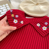  MQTIME  -  Girls' Autumn Knitted Sweater Dress Children Floral Embroidered Peter Pan Collar Sweater Gown Casual Kids Winter Warm Clothes