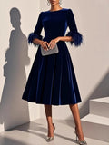  MQTIME  -  Spring Autumn 3/4 Sleeve Elegant Velvet Midi Dress Women's Clothing Casual Party Work Evening Sheath Office Lady Dresses
