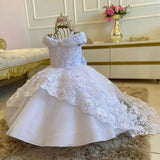 MQTIME  -  White Flower Girl Dresses Flory Appliques Pearls With Bow And Tailing Sleeveless For Wedding Birthday Banquet Gowns
