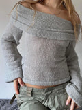 MQTIME  -  Women's Y2K Cute Off Shoulder Sweaters Chest Folding Slash Neck Flare Long Sleeve Slim Fit Knitted See-through Tops