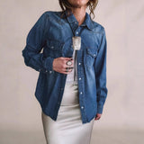MQTIME  -  Vintage Denim Shirt Street Oversize Washed Denim Shirt Turn Down Collar Denim Shirt Longline Sleeve Female Jean Blouse