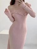 Mqtime women Elegant V-neck Flower Decoration Sweater Dresses Vintage Slim A-line Knitted Party Long Dress Korean Fashion Autumn Winter