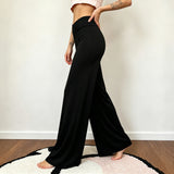  MQTIME  -  Women's Elastic Waisted Wide Leg Pants V-Cross Front Design Casual Solid Micro Flared Full Length Trousers All Match Bottoms Chi
