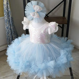 MQTIME  -  Blue Flower Girl Dresses Tulle Sequin With Bow Short Sleeve For Wedding Birthday Party First Communion Gown