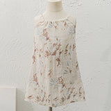 MQTIME  -  Vintage 100% Linen Flower Print Girls Dress With Pockets Summer New Baby Girl Sleeveless Casual Loose Spaghetti Strap Dresses