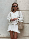 MQTIME  -  Casual  Ruffles Shirt Shorts Sets Women 2 Pieces 2025 Summer Single Breasted V-neck Loose Shirts Wide Leg Shorts Suits Solid