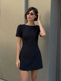  MQTIME  -  Women Vintage Black Short Puff Sleeve Dress Slim A-Line Mini Dress Fashion Summer Casual Basics Office Lady Chic Dresses