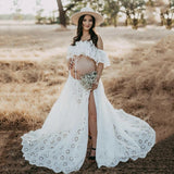 MQTIME  -  Cotton 2 in 1 Maternity Photography Props Outfit Slash Neck Lace Pregnancy Photo Shoot Dress Sets