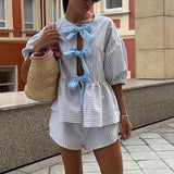 MQTIME  -  Women's Casual Striped 2 Piece-Set Shorts Contrast Bow Lace-Up Cardigan Loose Shorts Daily Party Fashion Female Sets New