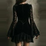 MQTIME  -  Women's Spring Autumn Deep V Neck Lace Patchwork Mini Dress Long Flare Sleeve Sheath Elegant Sexy Streetwear for Fashion