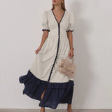MQTIME  -  New Linen Contrast Cardigan Dress Design Sense Ruffle Sleeve Temperament Waist Slit Long Skirt