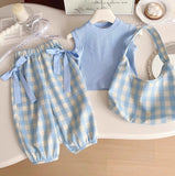 MQTIME  -  3Piece Summer Baby Girl Clothes Korean Fashion Sleeveless Tops+Plaid Pants+Bag Boutique Kids Clothing Children's Sets BC1515
