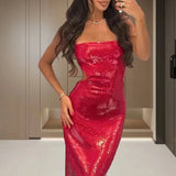 MQTIME  -  Sexy Women Backless Solid Long Dress Fashion Sleeveless High Waist Slim A-line Dress Elegant Sequin Hollow Suspenders Dress