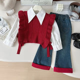 MQTIME  -  3Pcs Girls Suits Autumn Winter Long Sleeve Shirt+Knitted Sweaters Vest+Jeans Children Casual Costumes Toddler Girl Outfits Set